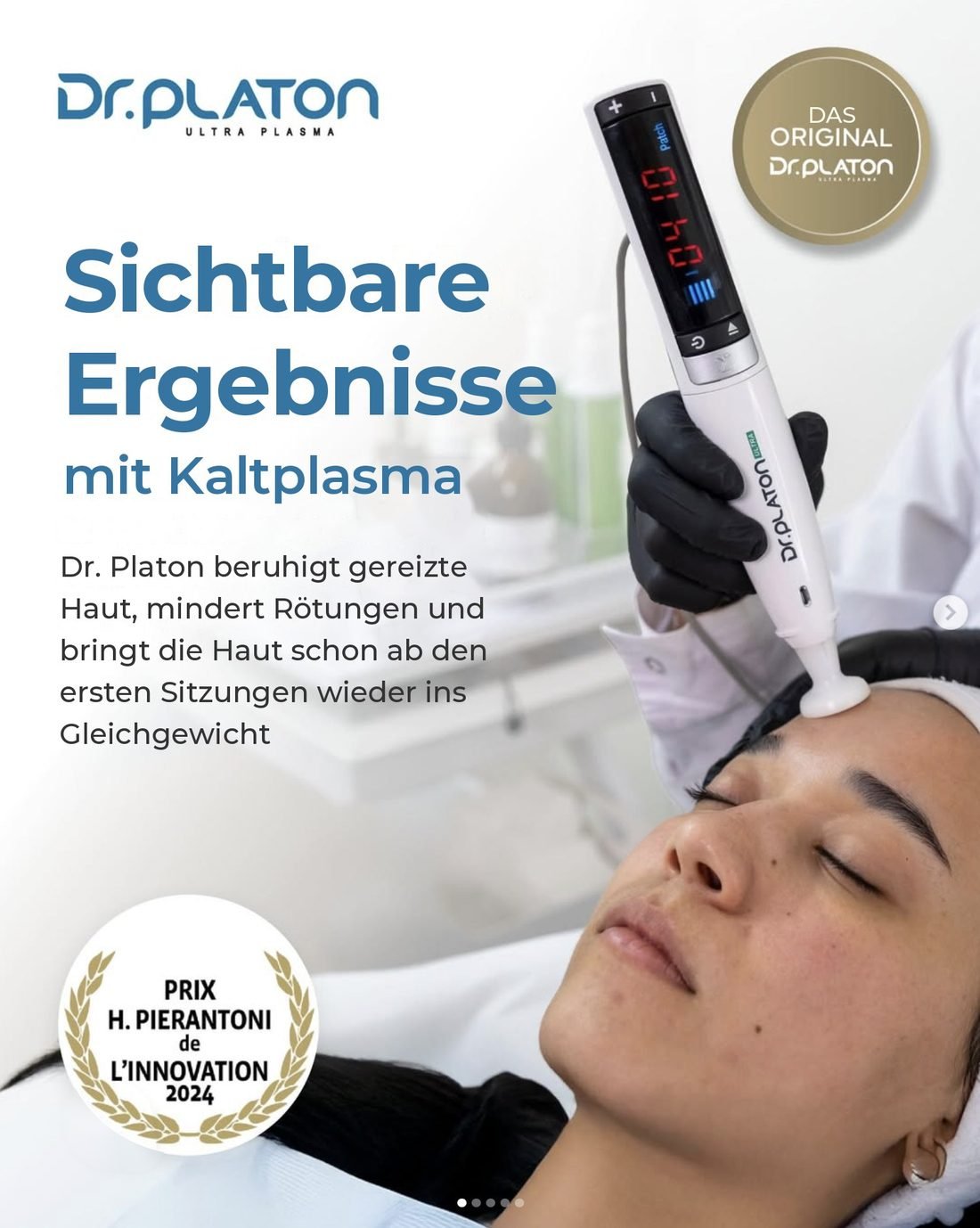 Dr. Platon Ultra Kaltplasma-Handstück bei der Gesichtsbehandlung, ausgezeichnet mit dem Prix H. Pierantoni de l'Innovation 2024